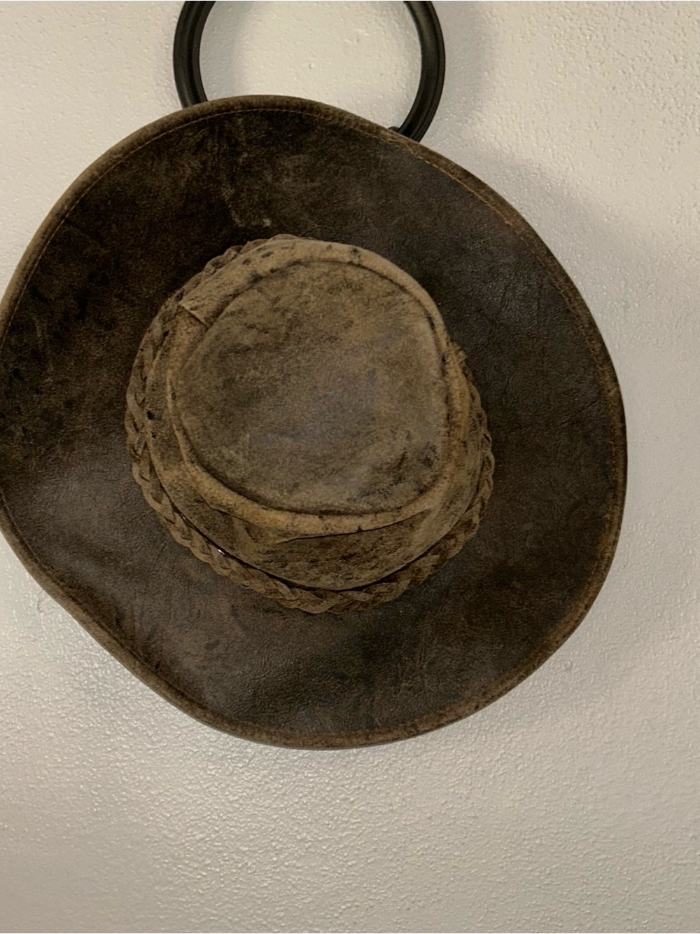 Distressed Brown Leather Cowboy Hat Western Wide Brim Braided Headquarters USA